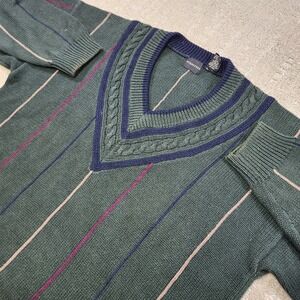 Vintage 90s Tennis Sweater Men Medium Deep V Neck Cable Knit Grandpa Green Chunk